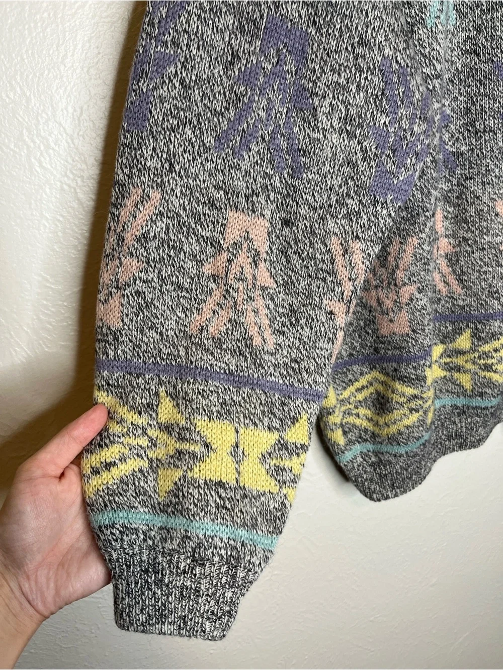 Vintage 80s Esprit Heather Gray and Pastel Sweater Crewneck Cozy Ski Preppy